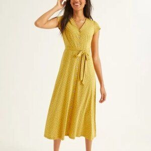 Boden Frances Jersey Midi Dress Yellow Polka Dot Tie Waist Button Front Size 16R